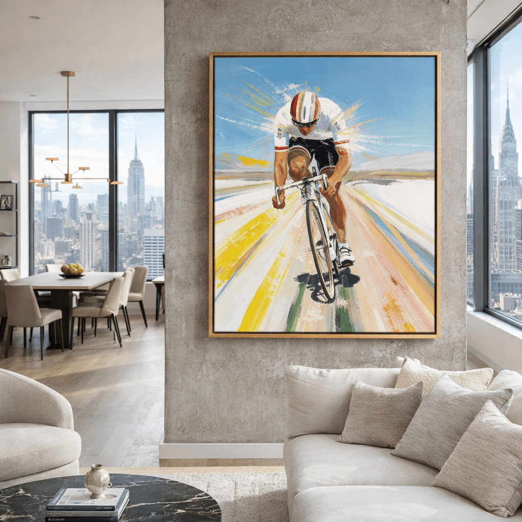Original Cyclist Painting | Abstract Expressionist Sports Wall Art for Modern Home & Office | Chiara Rossetti Art modern abstract canvas wall art by Rossetti Art – luxury interior design artwork for living room, bedroom, office – sports square
