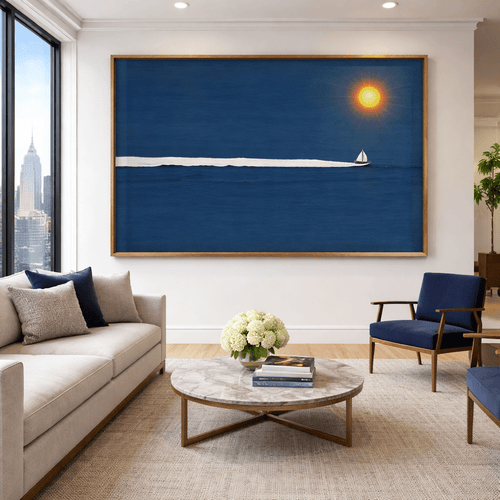 Original Minimalist Seascape Painting | Deep Blue Ocean Wall Art by Chiara Rossetti | One - of - a - Kind modern abstract canvas wall art by Rossetti Art – luxury interior design artwork for living room, bedroom, office – Black and white artwork black and white canvas black and white canvas art for living room