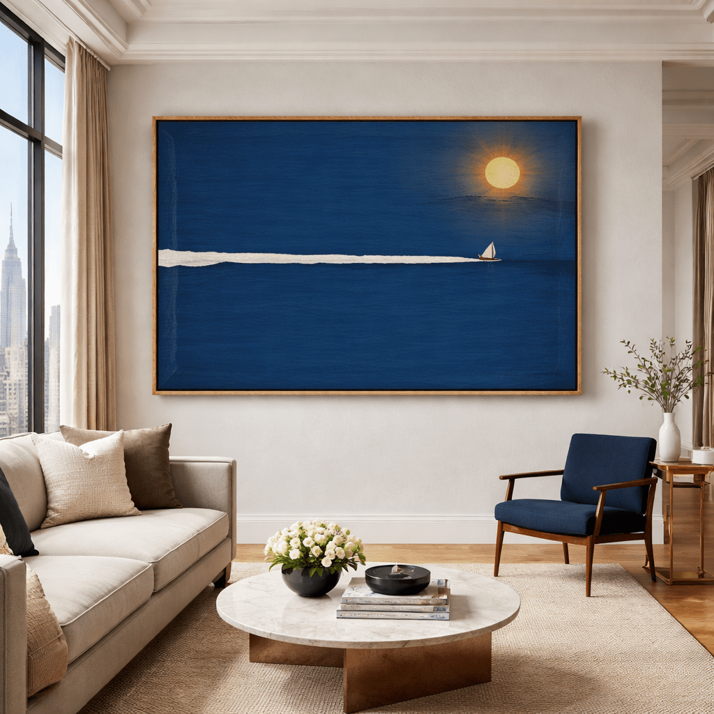 Original Minimalist Seascape Painting | Deep Blue Ocean Wall Art by Chiara Rossetti | One - of - a - Kind modern abstract canvas wall art by Rossetti Art – luxury interior design artwork for living room, bedroom, office – Black and white artwork black and white canvas black and white canvas art for living room