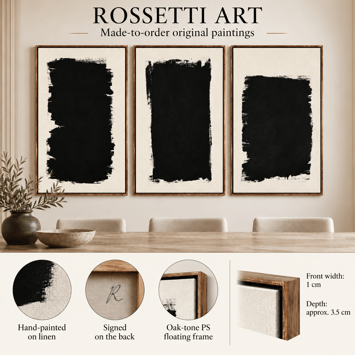 3 Piece Abstract Wall Art Set – Black Monoliths original paintings, hand-painted on linen with signed back and floating frame details by Rossetti Art