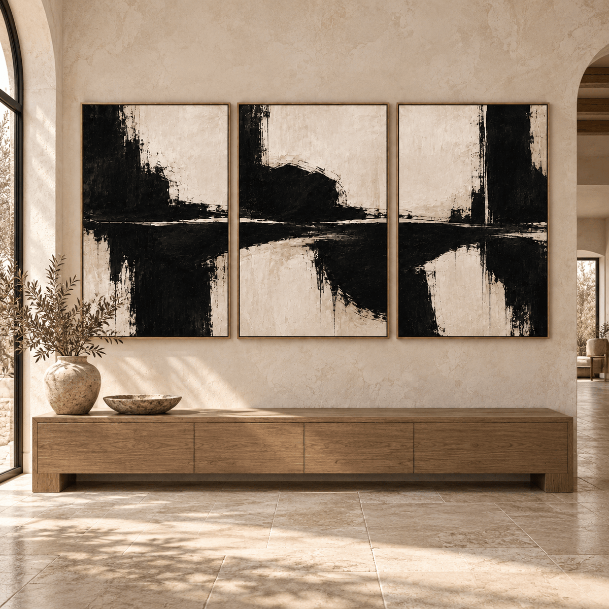 3 Piece Wall Art Black and White Original Painting Set – Ink Reflections by Rossetti Art above a wooden console in an entryway