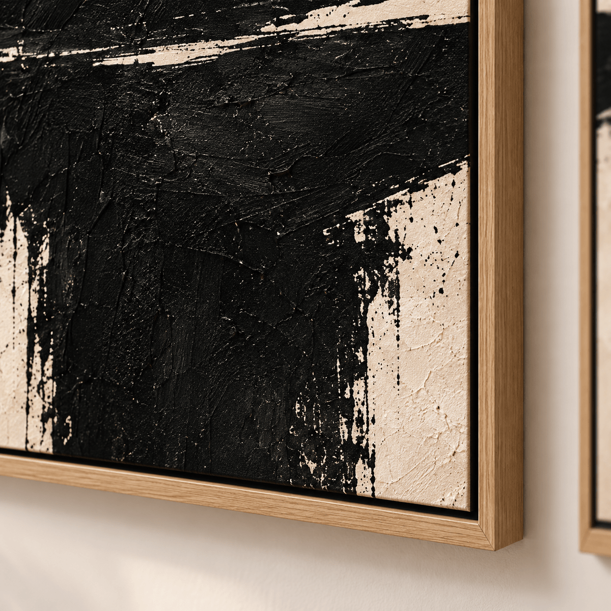 Close-up of the Ink Reflections black and cream original painting showing thick black brushwork and linen texture