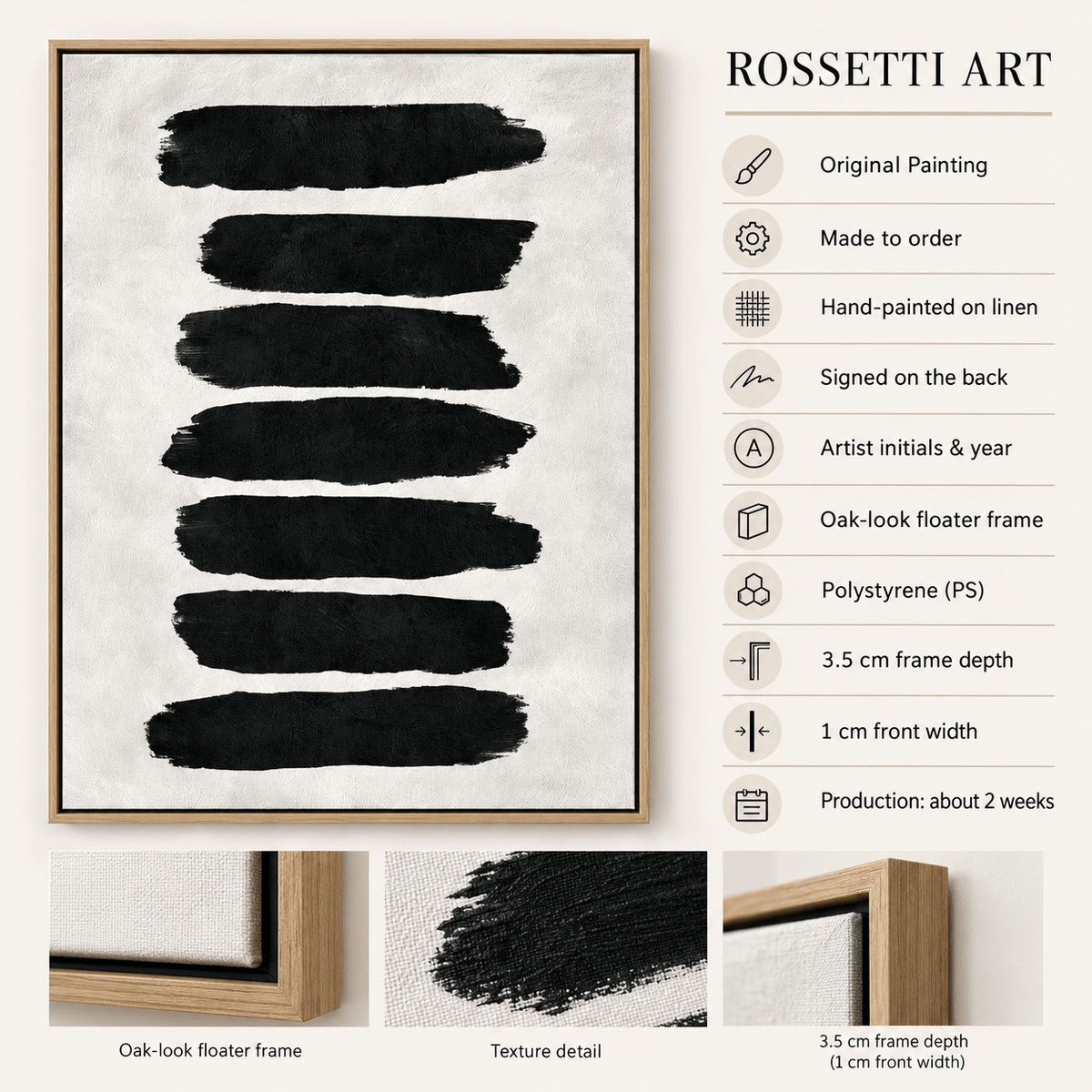 Ebony Stack original painting hand-painted on linen, floater frame details – Rossetti Art