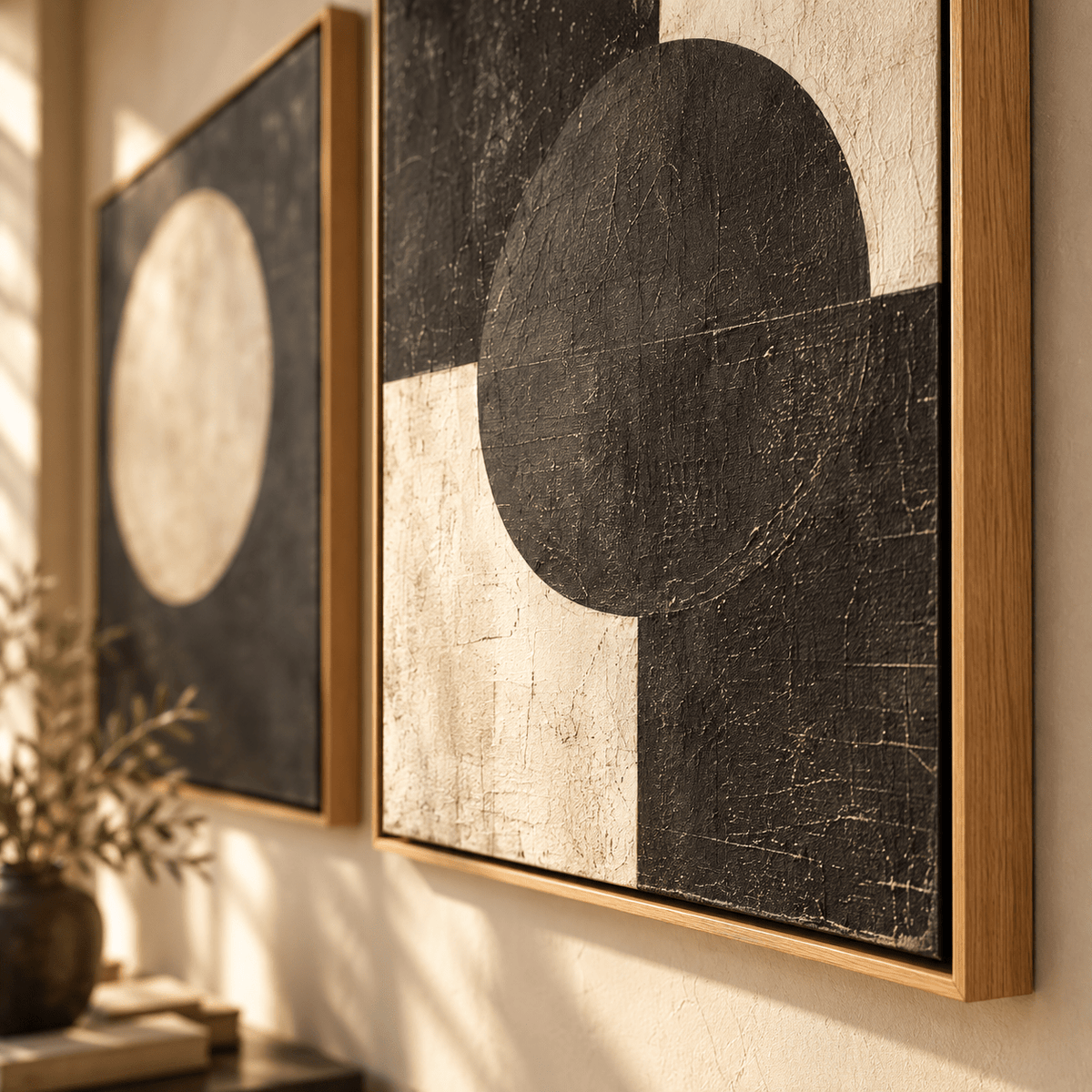 Close-up of textured black and cream geometric painting in a wood floater frame – Eclipse Pair by Rossetti Art