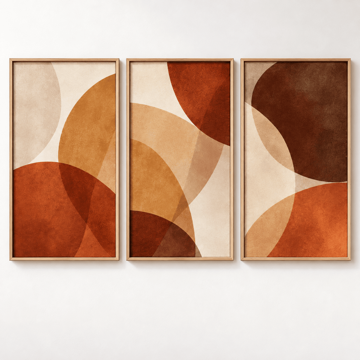 Abstract Circles Painting Original Set of 3 – Amber Orbit by Rossetti Art, overlapping terracotta, rust and cream circles on three vertical panels
