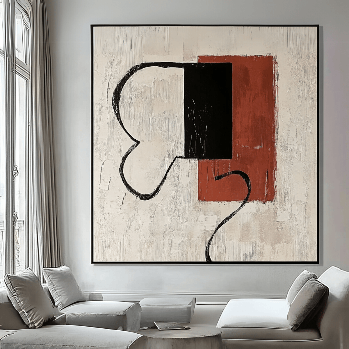 Original Painting : Abstract Minimalist Canvas Art - Earthy Red and Black Lines modern abstract canvas wall art by Rossetti Art – luxury interior design artwork for living room, bedroom, office – abstract wall art art for modern interiors artistic home decor