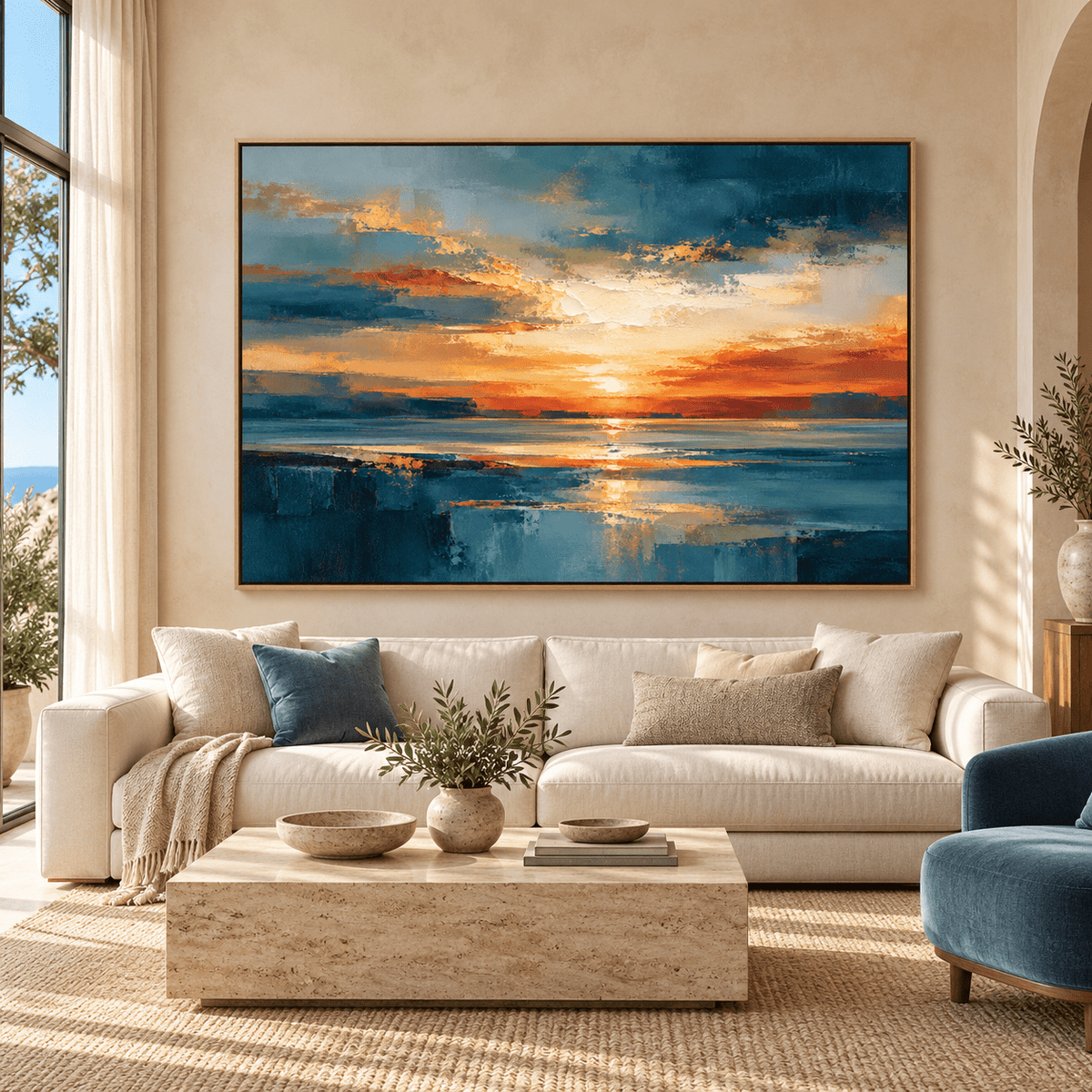 Abstract Sunset Painting Original – Amber Tide framed in a serene living room by Rossetti Art