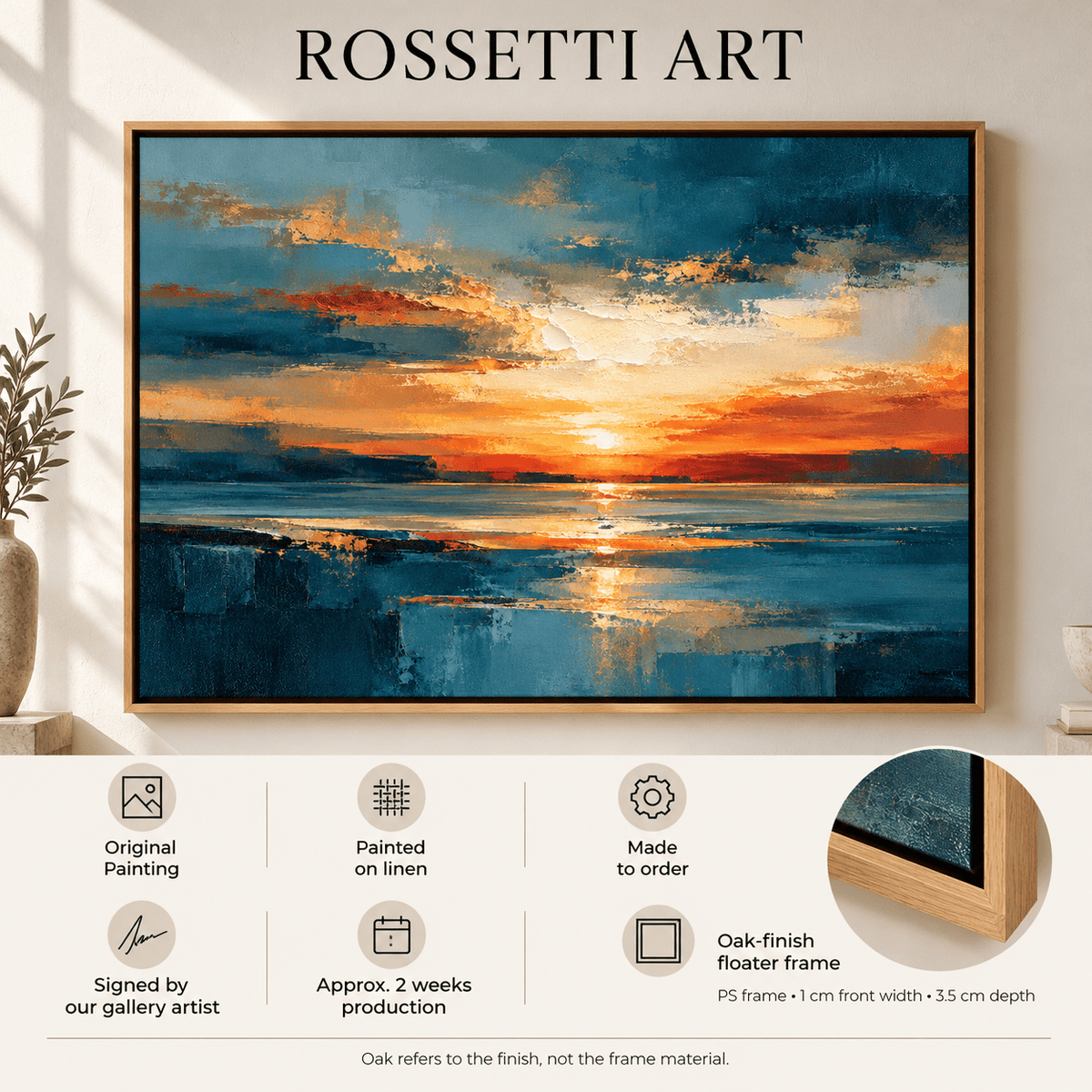 Abstract Sunset Painting Original – Amber Tide framed on a wall by Rossetti Art