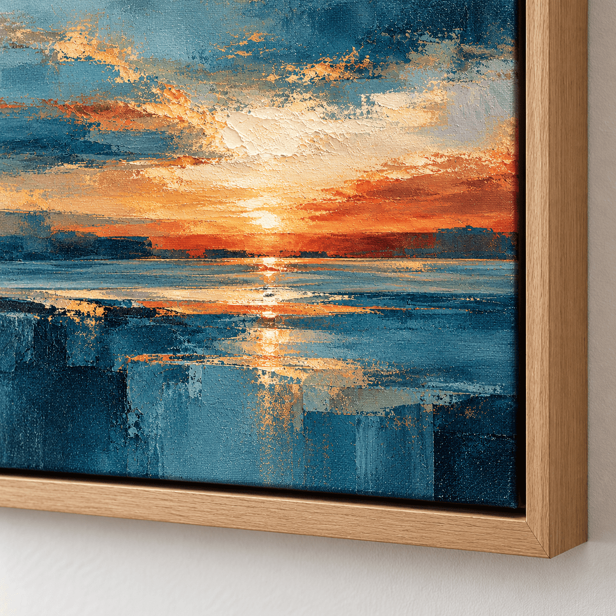 Abstract Sunset Painting Original – Amber Tide floater frame corner detail by Rossetti Art