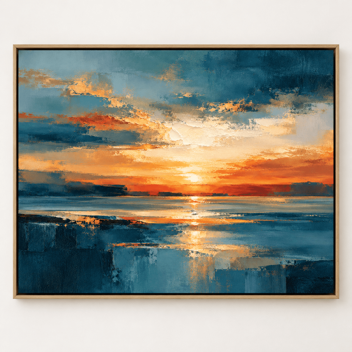 Abstract Sunset Painting Original – Amber Tide details: painted on linen, made to order, signed by Rossetti Art