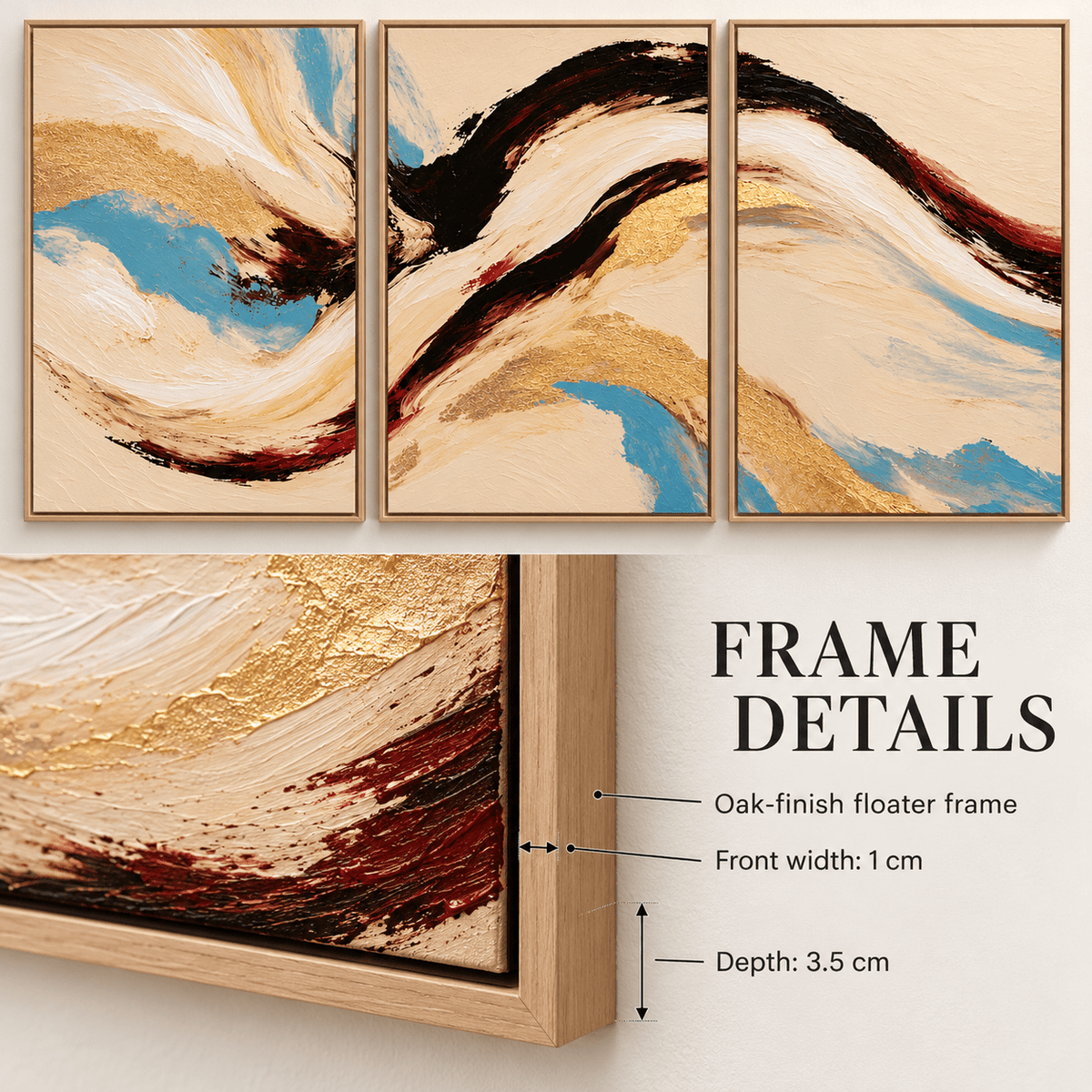 Abstract Wave Painting – Gilded Tide set of 3 by Rossetti Art, floater frame details