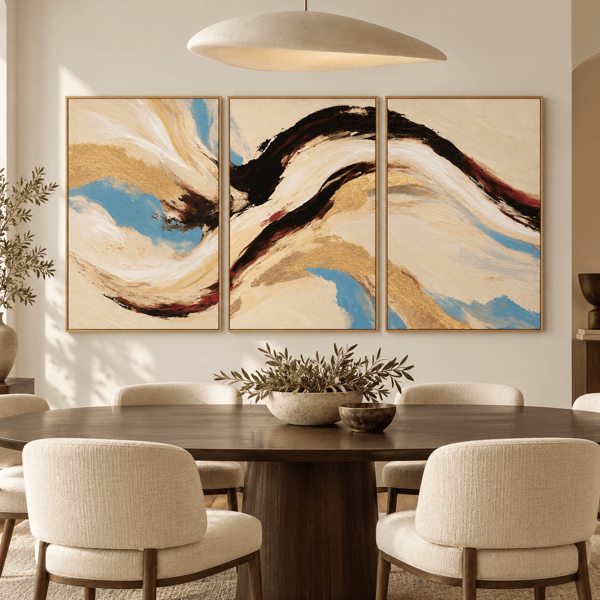Abstract Wave Painting – Gilded Tide set of 3 by Rossetti Art, framed triptych in a dining room