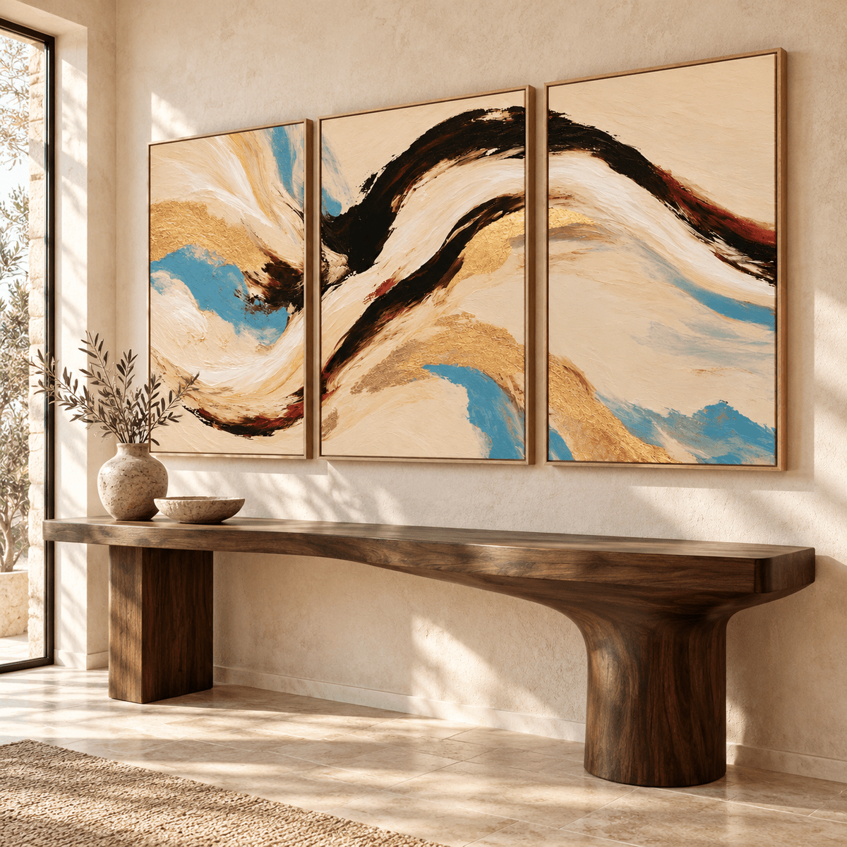 Abstract Wave Painting – Gilded Tide set of 3 by Rossetti Art, framed triptych in a serene foyer