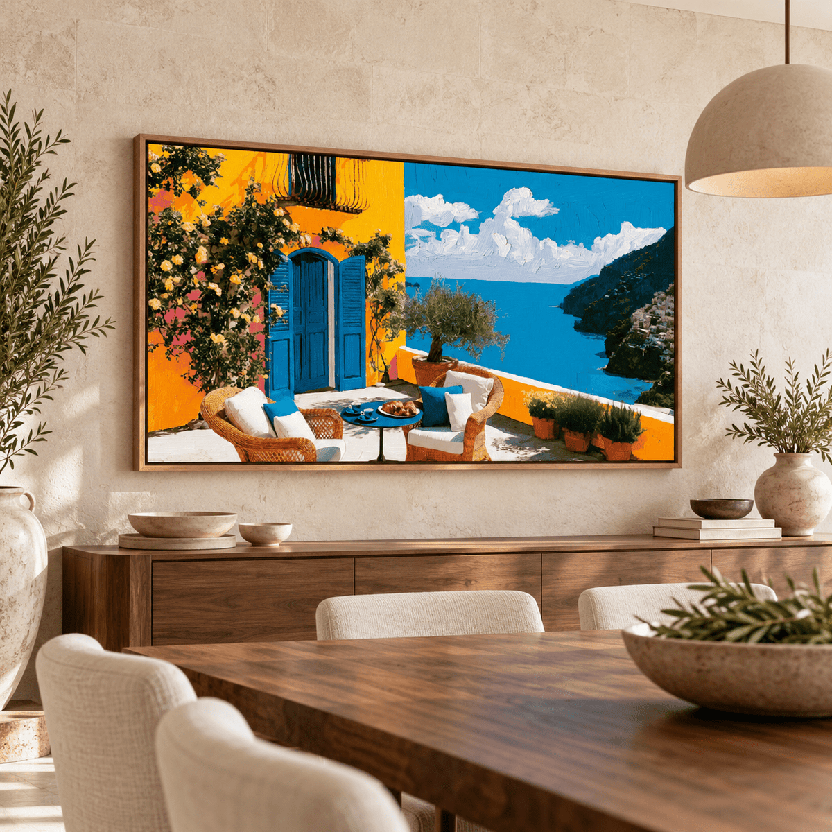 Amalfi Coast Painting Original – Terrace Morning by Rossetti Art, framed seascape in a dining room