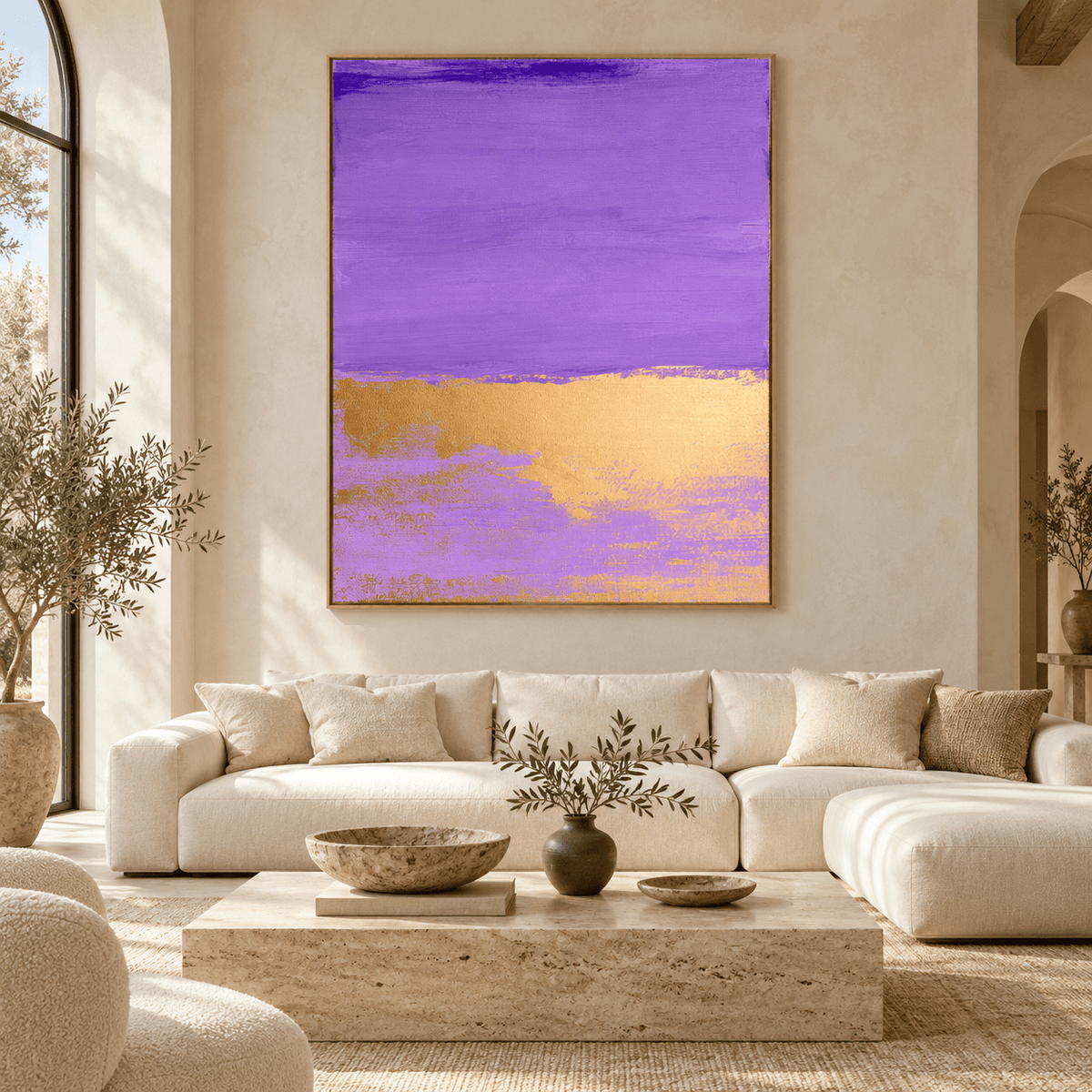 Amethyst and gold painting Gilded Lilac above a cream sofa in a living room – Rossetti Art