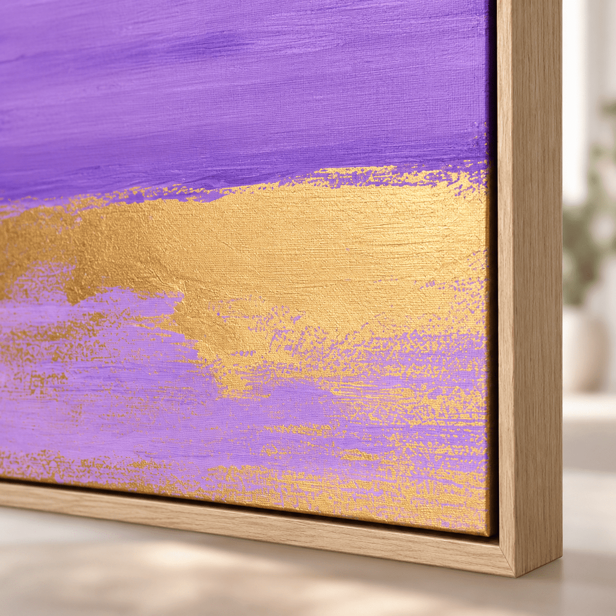 Corner detail of the Gilded Lilac amethyst and gold painting showing the dry-brushed gold – Rossetti Art