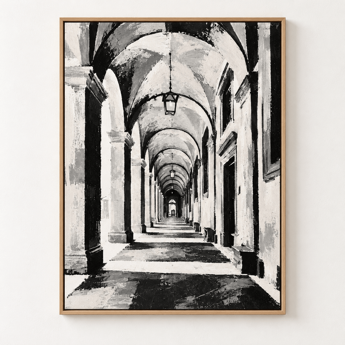 Archway Painting Original – Lantern Cloister black and white vaulted arcade on a wall by Rossetti Art