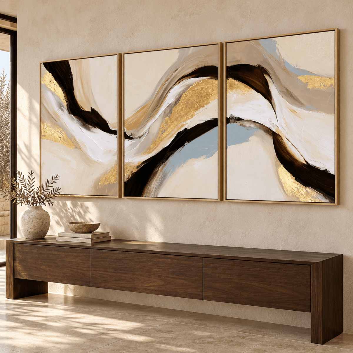 Beige and Brown Wall Art – Silk Ribbon set of 3 by Rossetti Art, flowing gold triptych in a wabi-sabi entryway