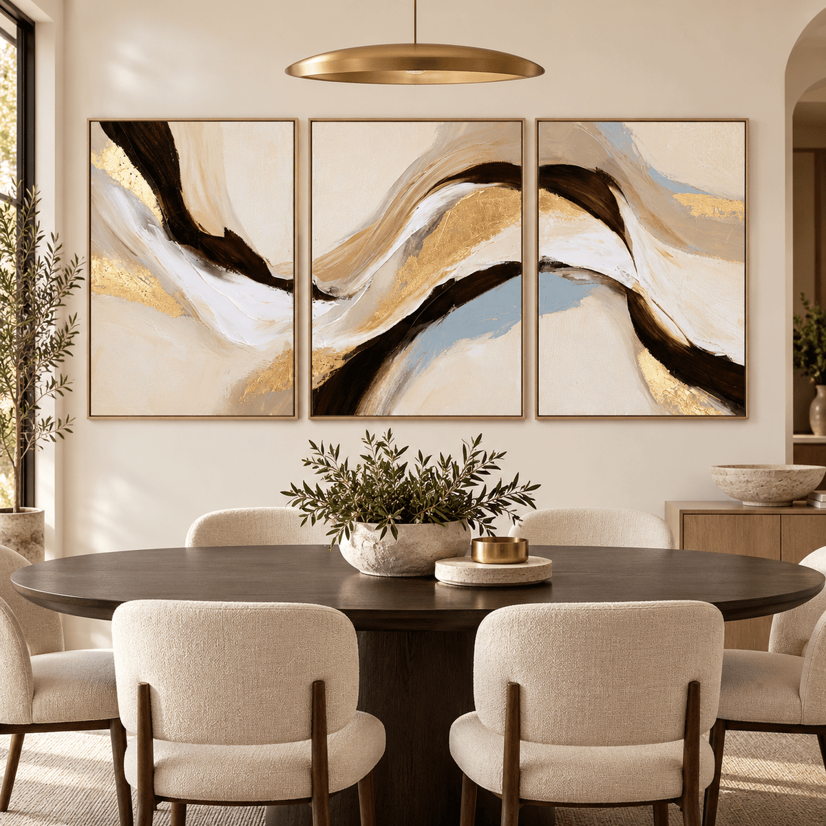 Beige and Brown Wall Art – Silk Ribbon set of 3 by Rossetti Art, gold-accented triptych in a warm dining room