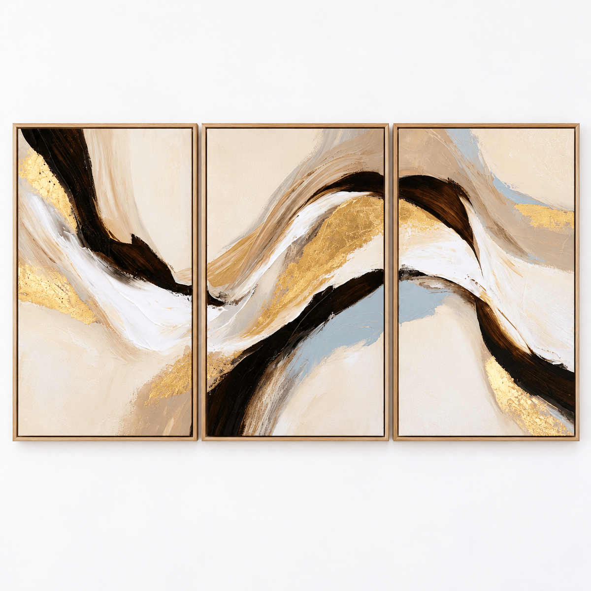 Beige and Brown Wall Art – Silk Ribbon set of 3 by Rossetti Art, framed flowing gold triptych
