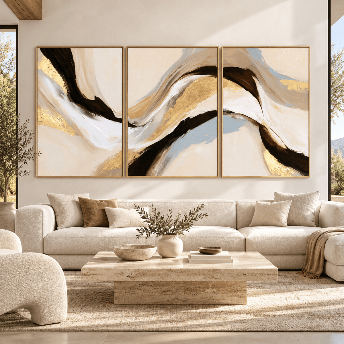 Beige and Brown Wall Art – Silk Ribbon set of 3 by Rossetti Art, flowing triptych above a sofa