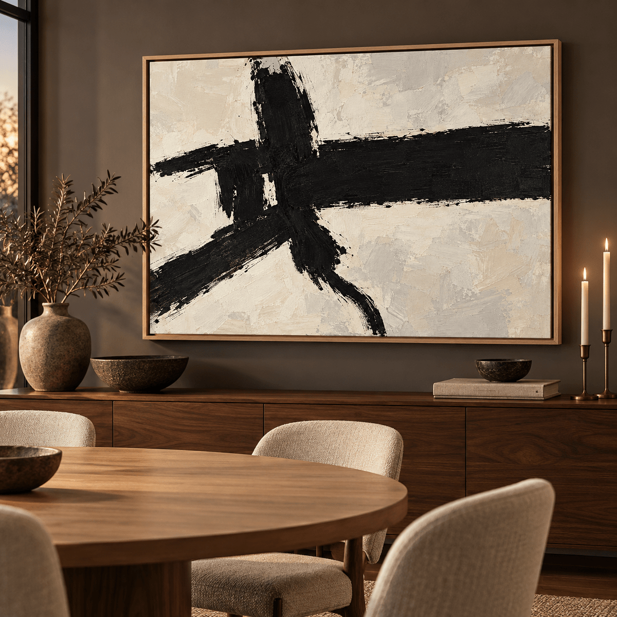 Black Abstract Painting – Crossed Ink by Rossetti Art – framed black abstract original painting above a walnut sideboard in a dining room