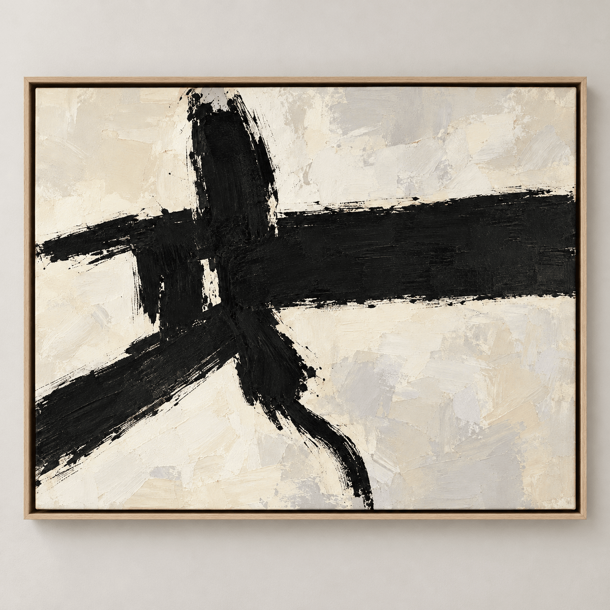 Black Abstract Painting – Crossed Ink by Rossetti Art – bold black gestural strokes on a cream and grey palette-knife ground, framed front view