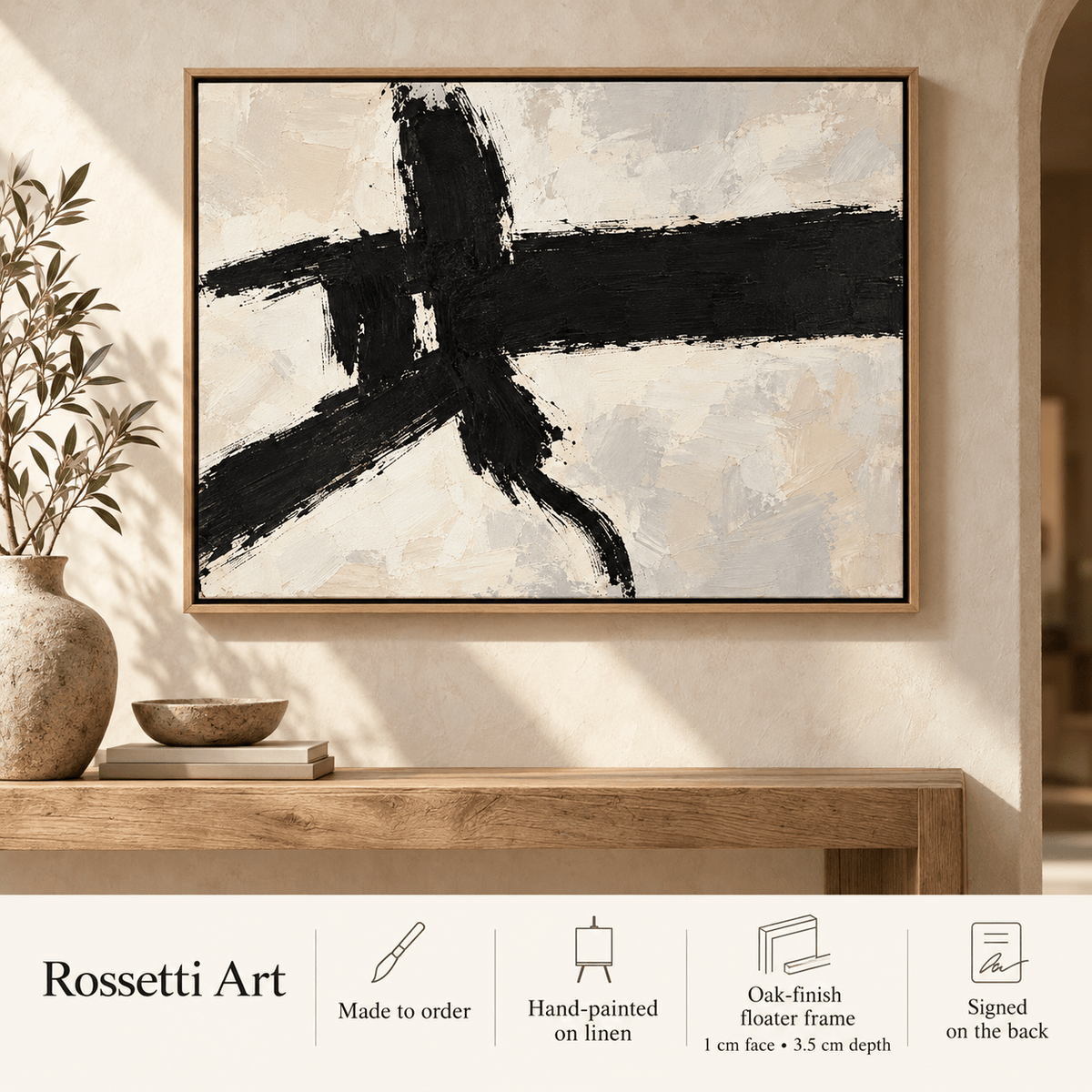 Black Abstract Painting – Crossed Ink by Rossetti Art – black and cream original painting above a console in an entryway, made to order, hand-painted on linen