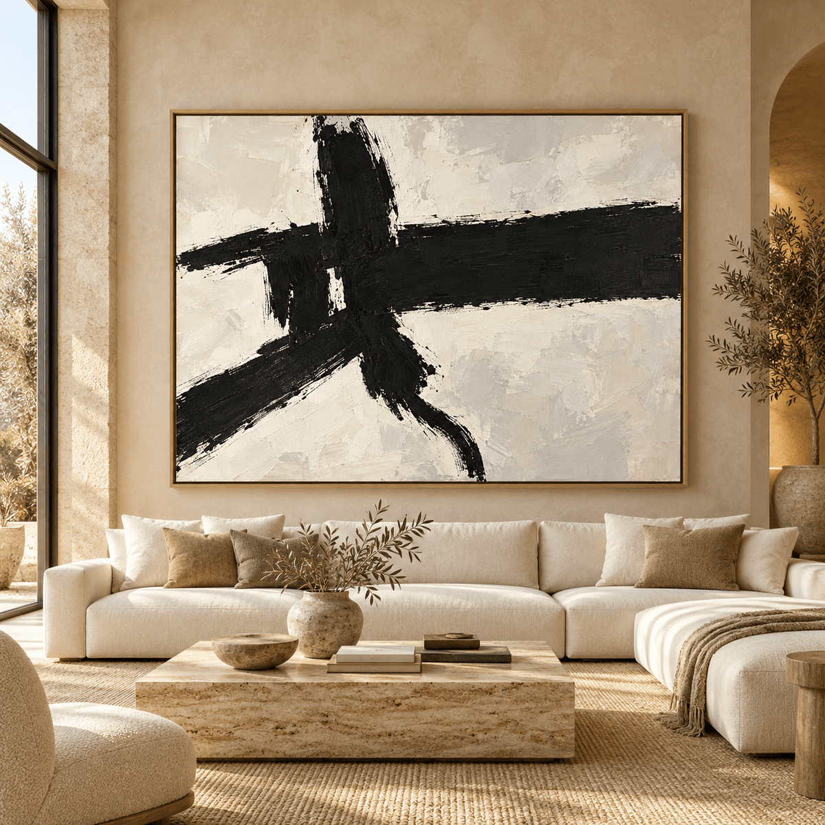 Black Abstract Painting – Crossed Ink by Rossetti Art – large black and cream original painting above a cream sofa in a living room