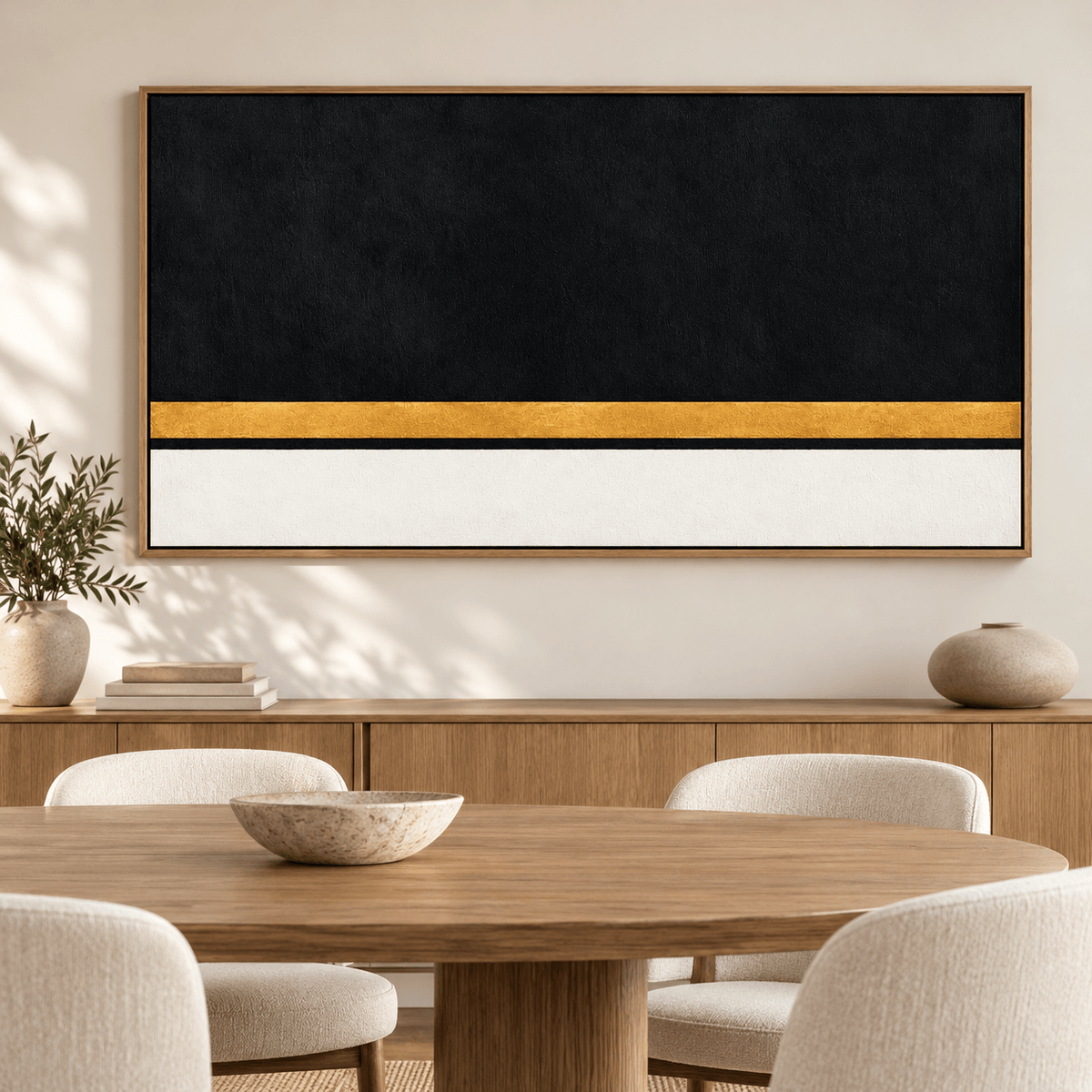 Black and Gold Art Original Painting – Obsidian Meridian by Rossetti Art above a wooden sideboard in a dining room