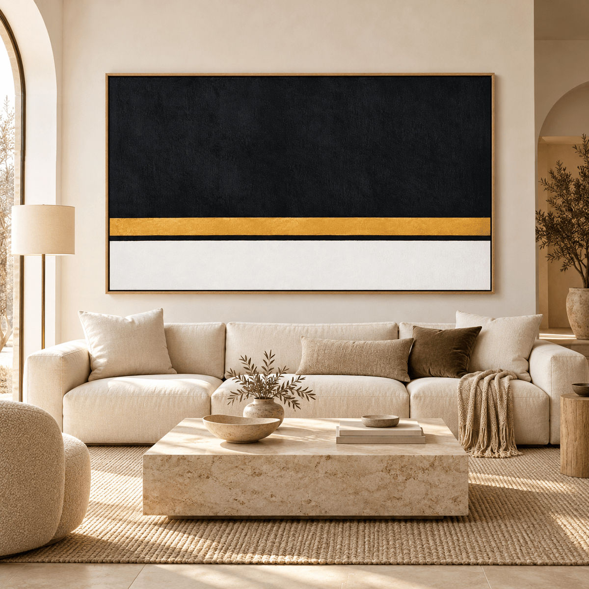 Black and Gold Art Original Painting – Obsidian Meridian by Rossetti Art above a cream sofa in a bright living room