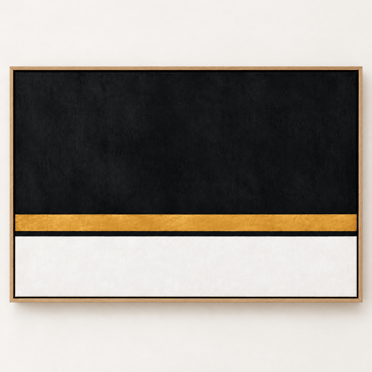 Black and Gold Art Original Painting – Obsidian Meridian by Rossetti Art, charcoal black, gold stripe and cream, framed