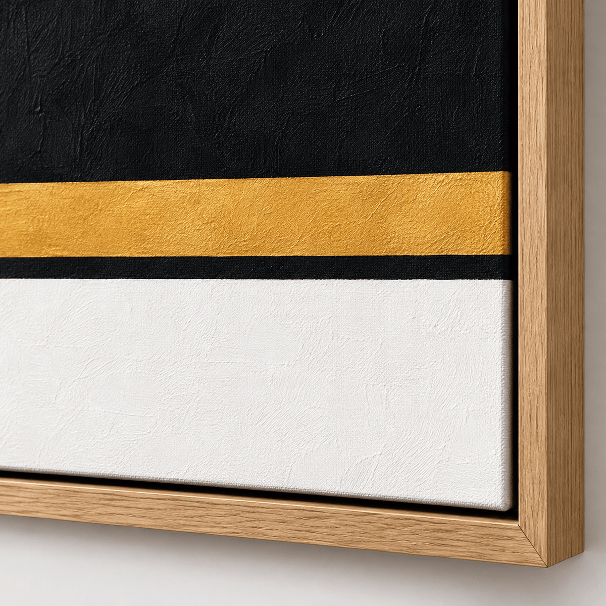 Close-up of the Obsidian Meridian black and gold art original painting showing the gold stripe and linen texture