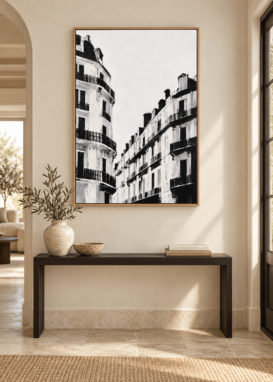 Black and White Paris Wall Art – Rue Noire original painting in an entryway by Rossetti Art