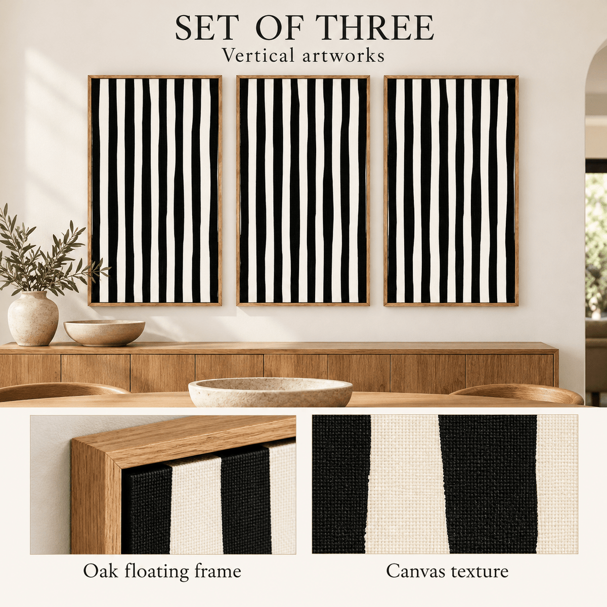 Black and White Striped Wall Art Set of 3 – Monochrome Cadence above a wooden sideboard, with frame and canvas texture details, by Rossetti Art