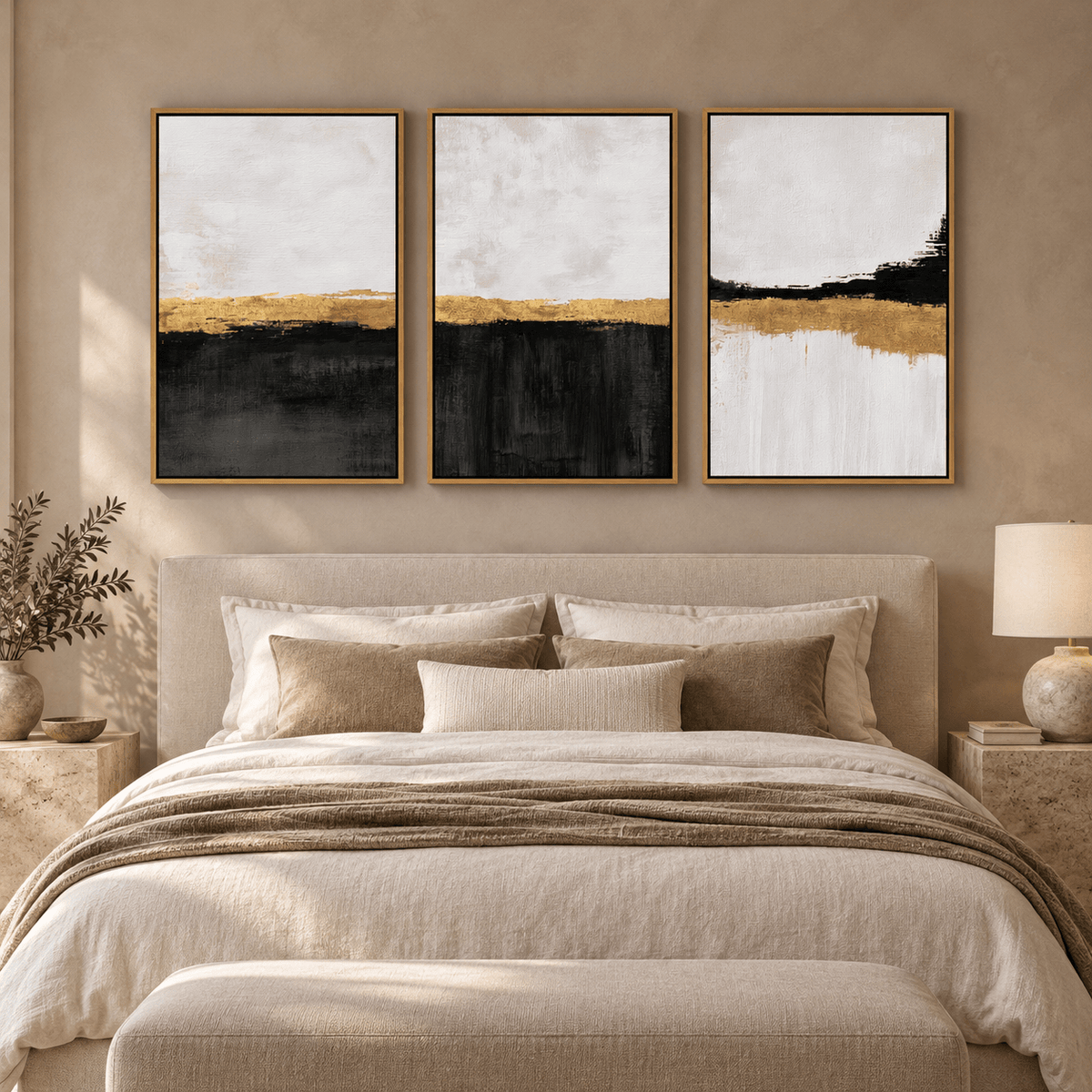 Black White and Gold Wall Art Set of 3 – Gilded Shoreline above a bed in a bedroom by Rossetti Art
