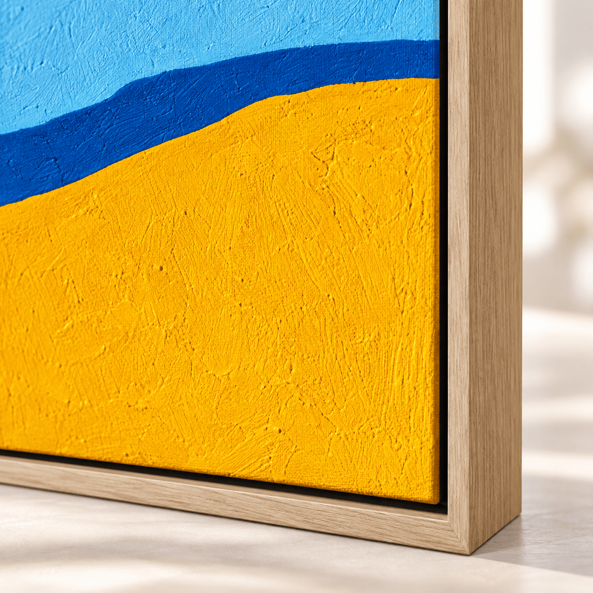 Corner detail of the Cobalt Ridge blue and yellow painting showing the textured paint – Rossetti Art