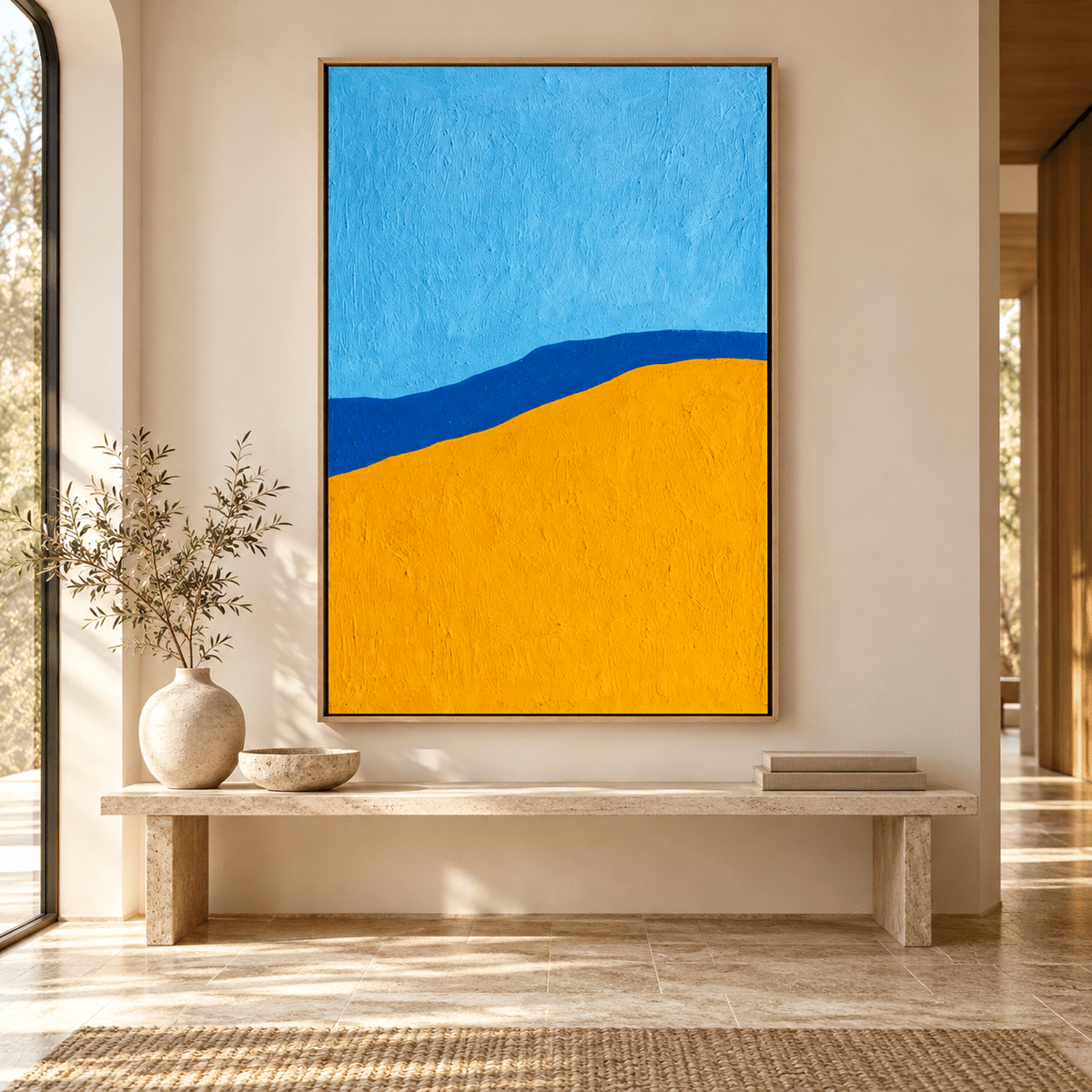 Blue and yellow painting Cobalt Ridge above an entryway bench – Rossetti Art