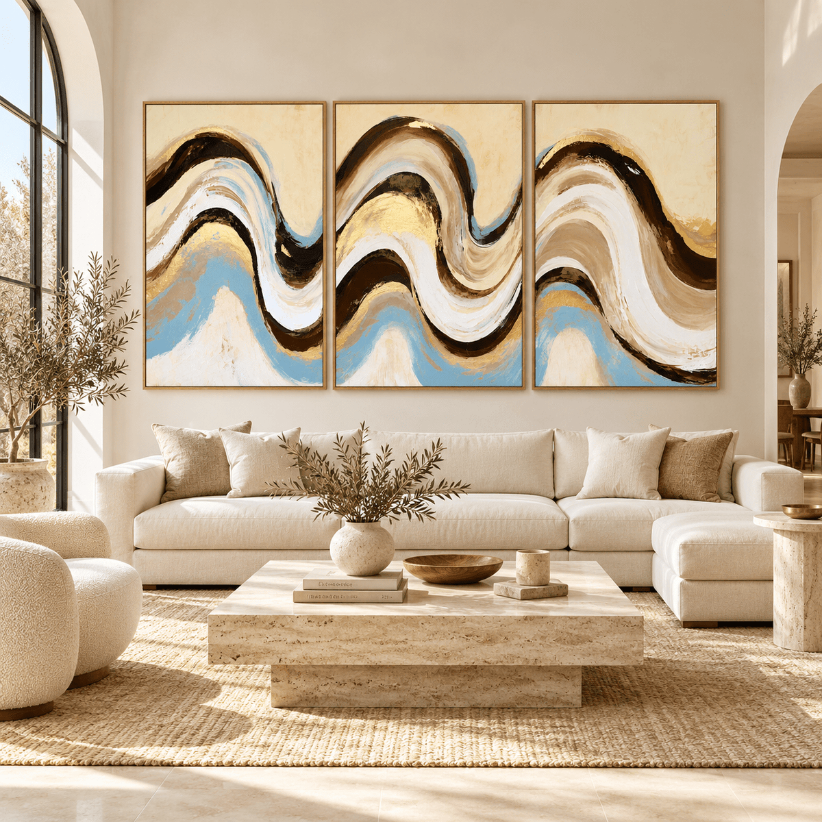Brown and Blue Wall Art – Sandbar Swell set of 3 by Rossetti Art, framed triptych above a sofa