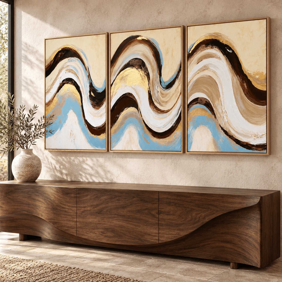 Brown and Blue Wall Art – Sandbar Swell set of 3 by Rossetti Art, triptych above a walnut console