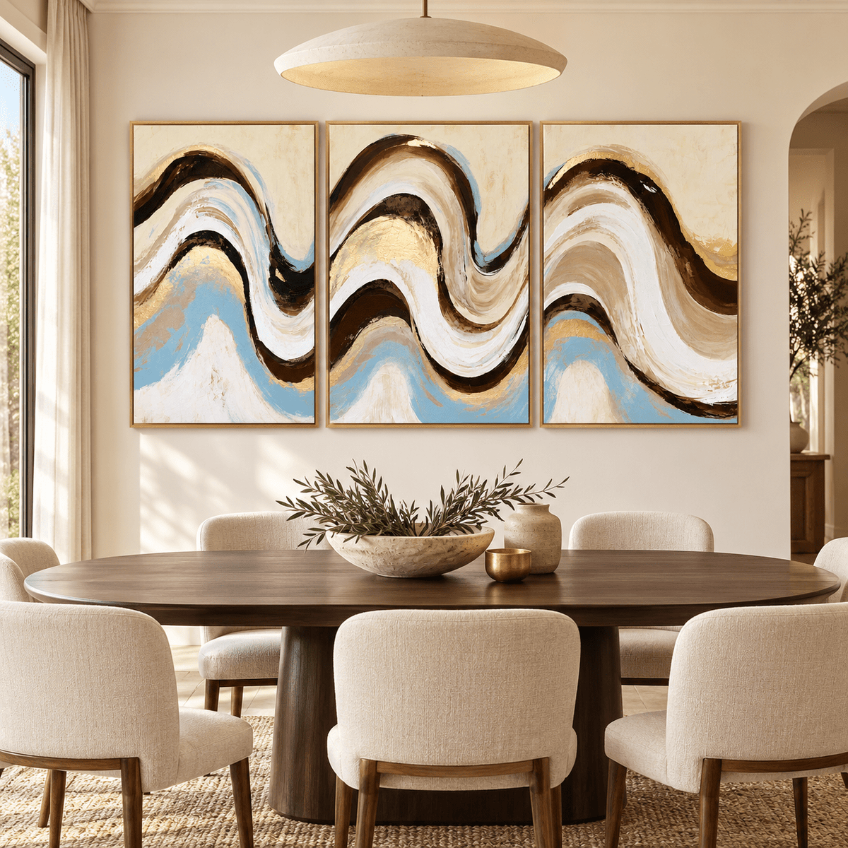 Brown and Blue Wall Art – Sandbar Swell set of 3 by Rossetti Art, framed triptych in a modern dining room