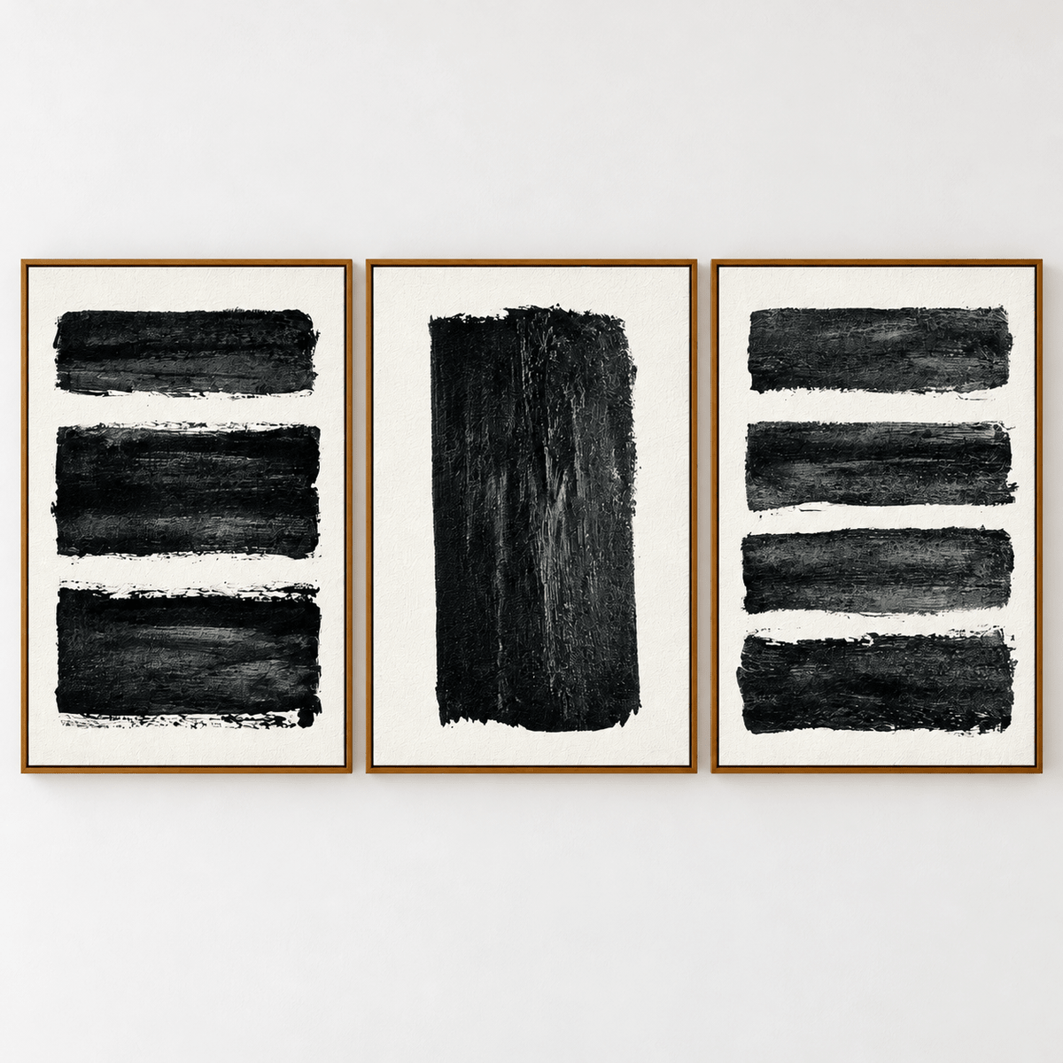 Brush Stroke Wall Art Set of 3 – Ink Strata three vertical framed panels, heavy black strokes on ivory, by Rossetti Art