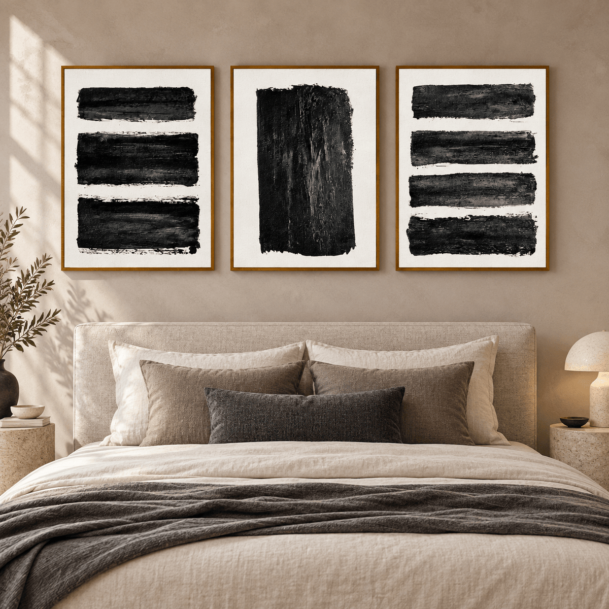 Brush Stroke Wall Art Set of 3 – Ink Strata above a bed in a bedroom by Rossetti Art