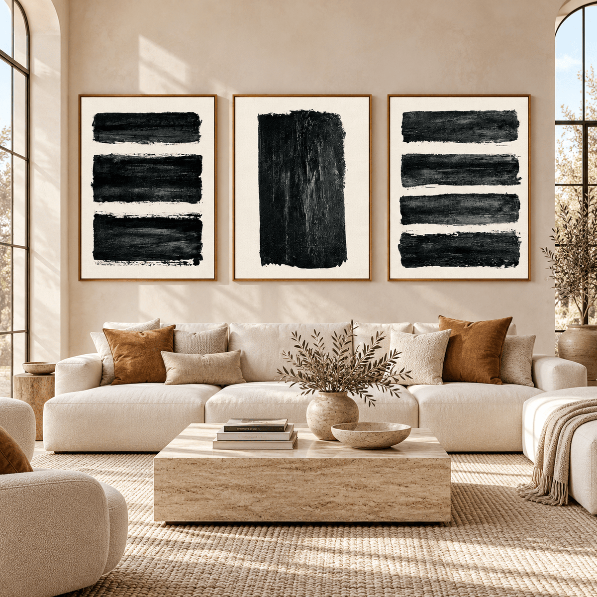 Brush Stroke Wall Art Set of 3 – Ink Strata above a cream sectional sofa in a living room by Rossetti Art