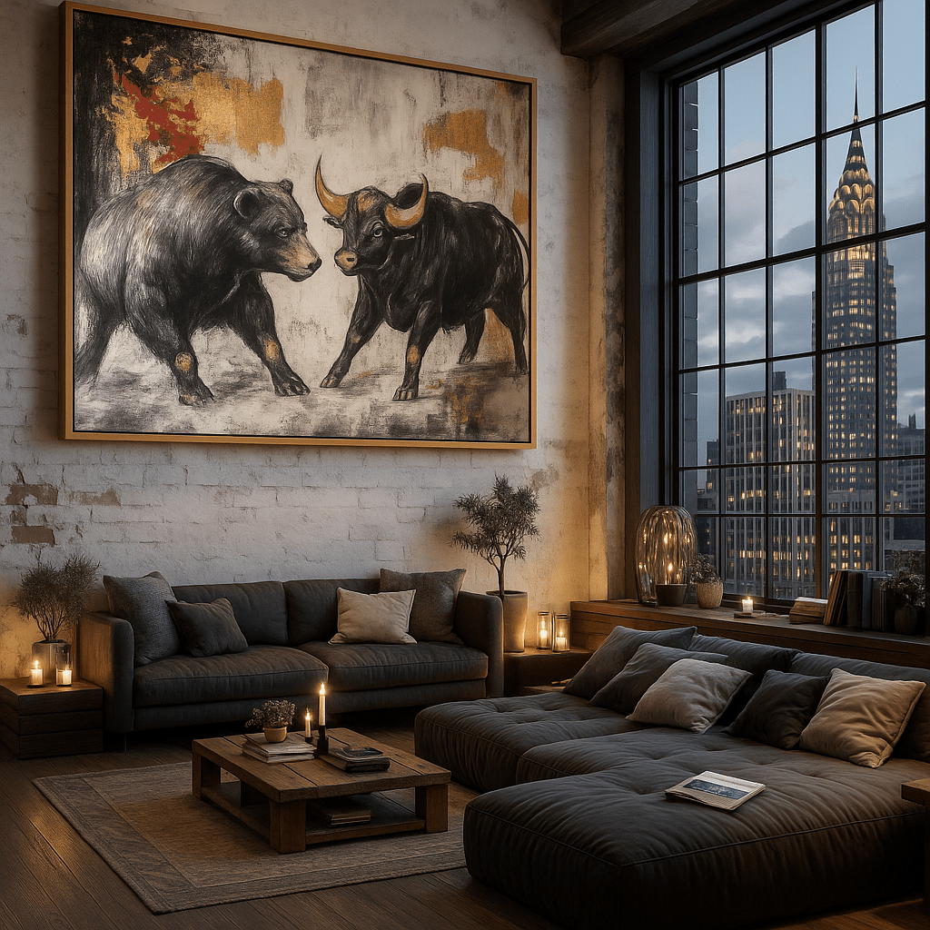 Original Painting : Bull vs Bear Showdown – Bull vs Bear Painting modern abstract canvas wall art by Rossetti Art – luxury interior design artwork for living room, bedroom, office – Bull and Bear Canvas Painting handmade wall art handmade wall decor