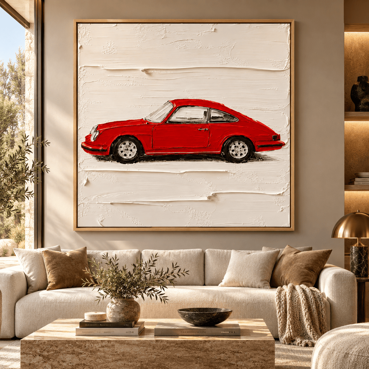 Car Painting on Canvas – Scarlet Coupe original painting in a living room by Rossetti Art