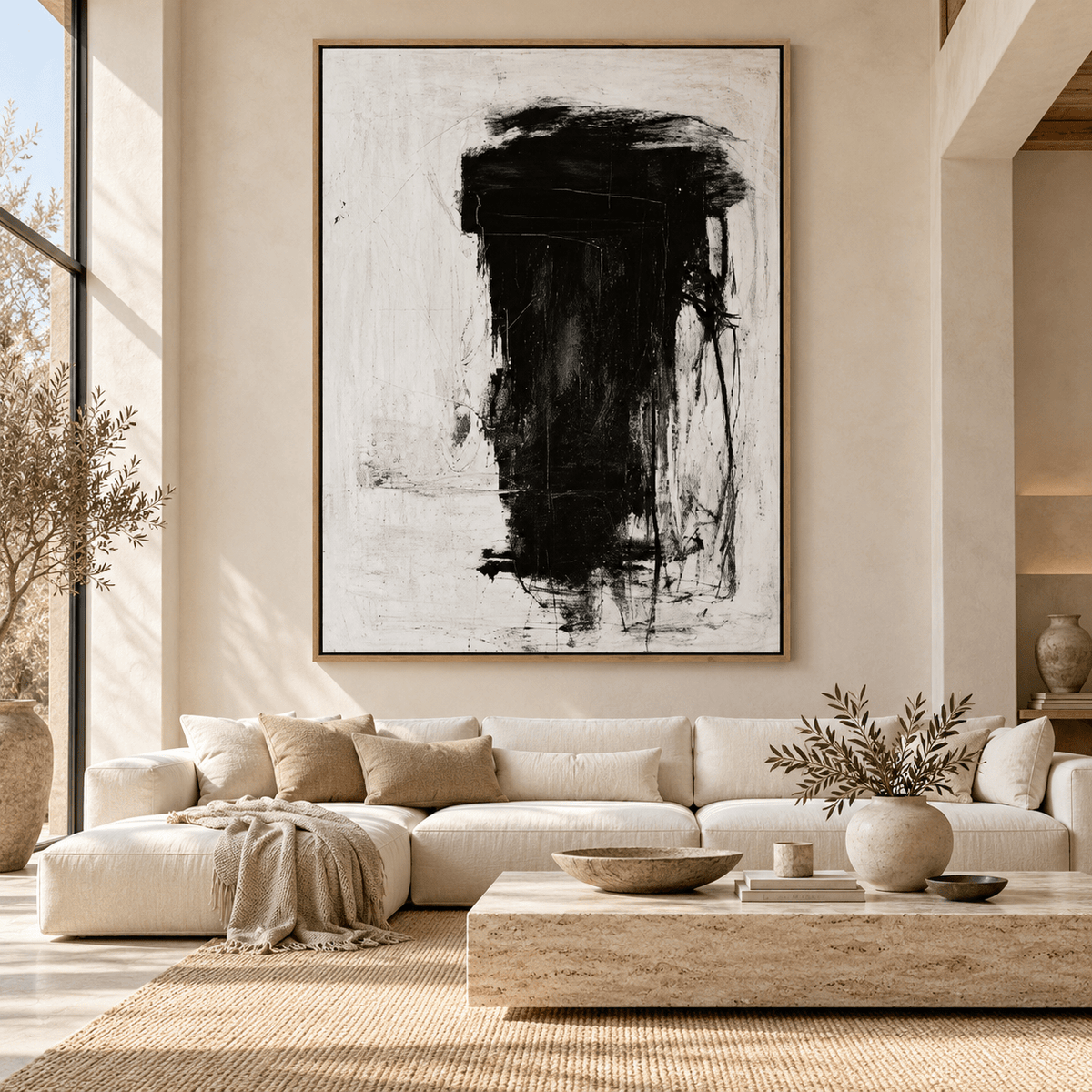 Charcoal Abstract Painting Original – Ink Monolith by Rossetti Art above a sofa