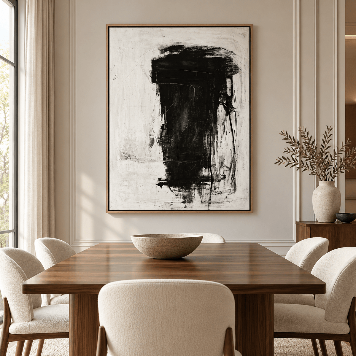 Charcoal Abstract Painting Original – Ink Monolith by Rossetti Art in a dining room