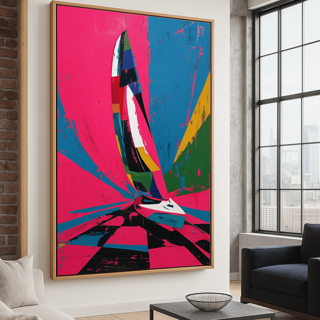 Original Painting : Chromatic Sail Voyage - Abstract Sailboat Original Painting modern abstract canvas wall art by Rossetti Art – luxury interior design artwork for living room, bedroom, office – abstract boat drawing abstract boat painting abstract sailboat oil painting