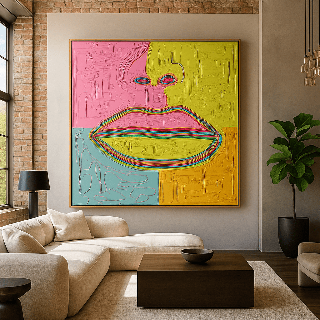 Original Painting : “Chromatic Whispers – Contemporary Abstract Lips Painting by Chiara Rossetti | Original Modern Wall Art” modern abstract canvas wall art by Rossetti Art – luxury interior design artwork for living room, bedroom, office – abstract woman art emotional artwork Interior Design Artwork